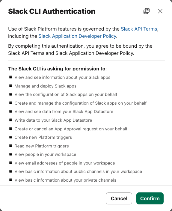 Slack CLI Authentication 權限視窗,按 Confirm